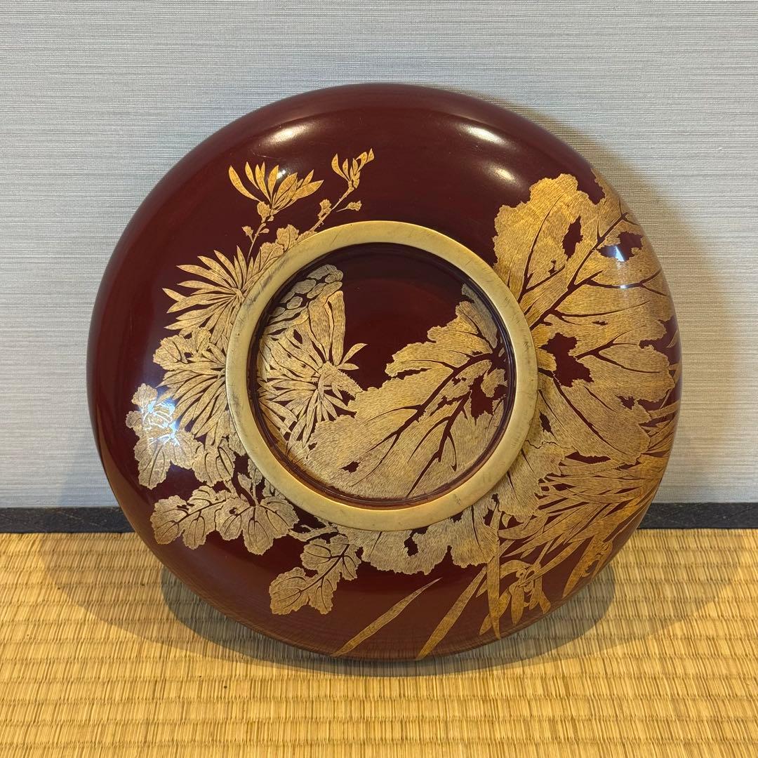 輪島塗 草花沈金 溜塗 栗色 大平 一対 明治時代後期 喰籠 木製漆器 吴山銘