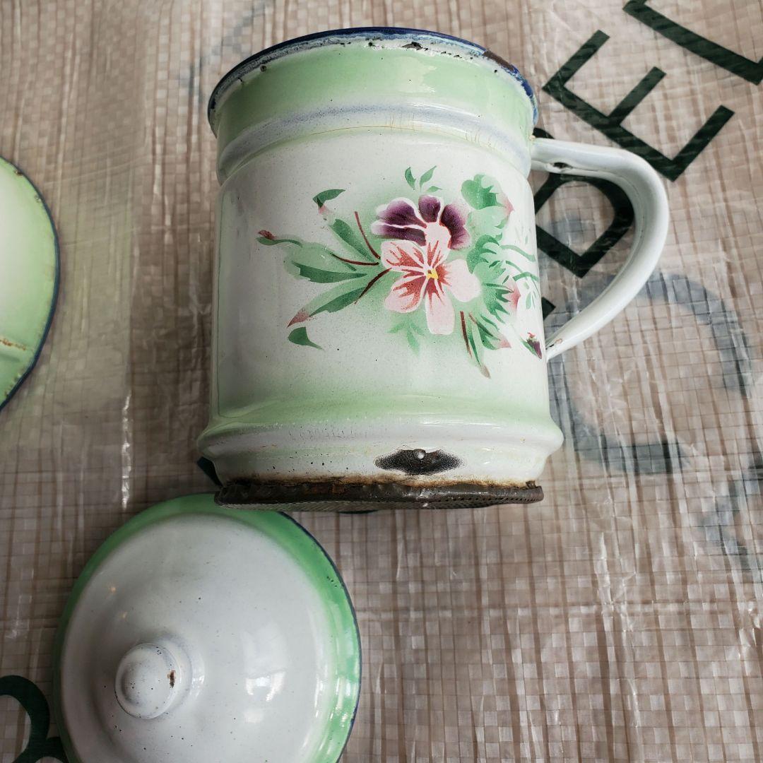 フランス　アンティーク　ホーロー　ポット　ダブルビギン　グリーン