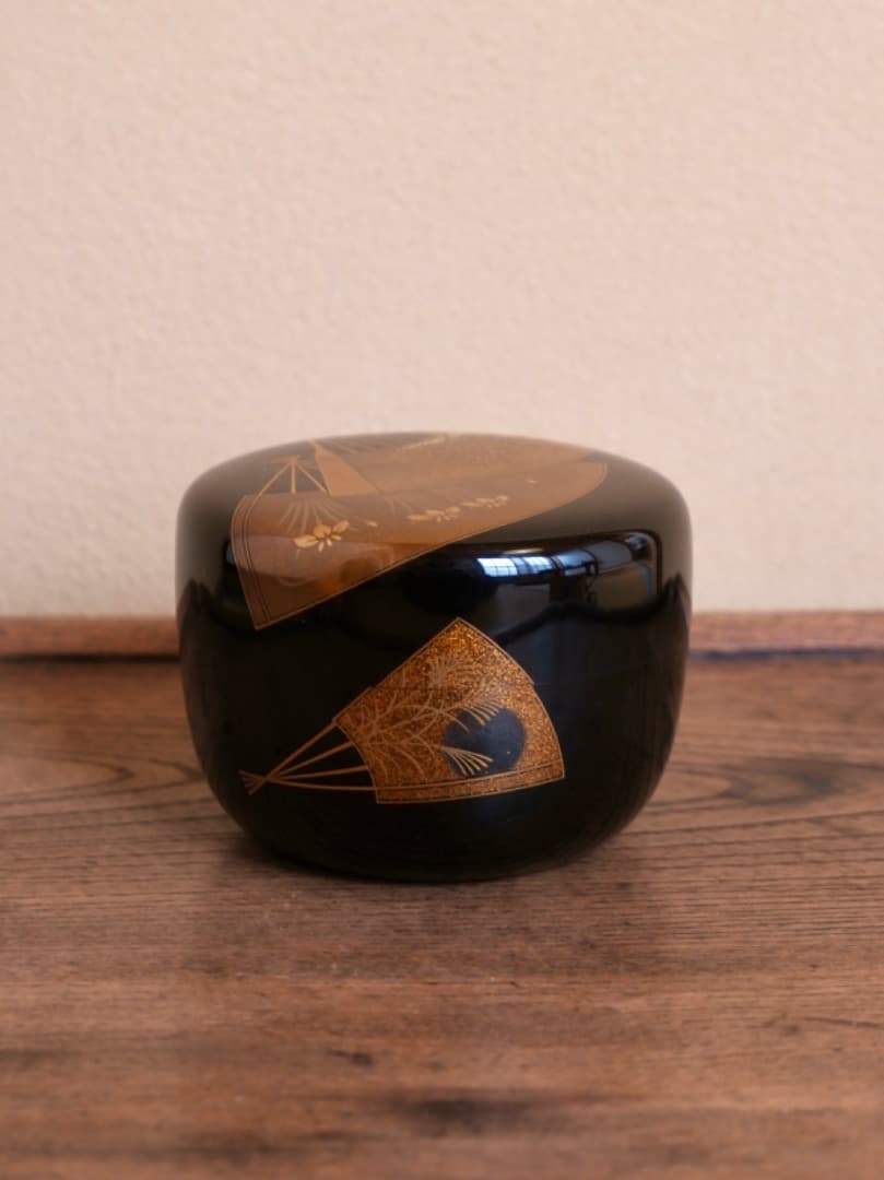 高崎秋峰　秋草扇面蒔絵　裏銀塗　漆工芸　棗　茶入れ　茶器　茶道具　Q2202