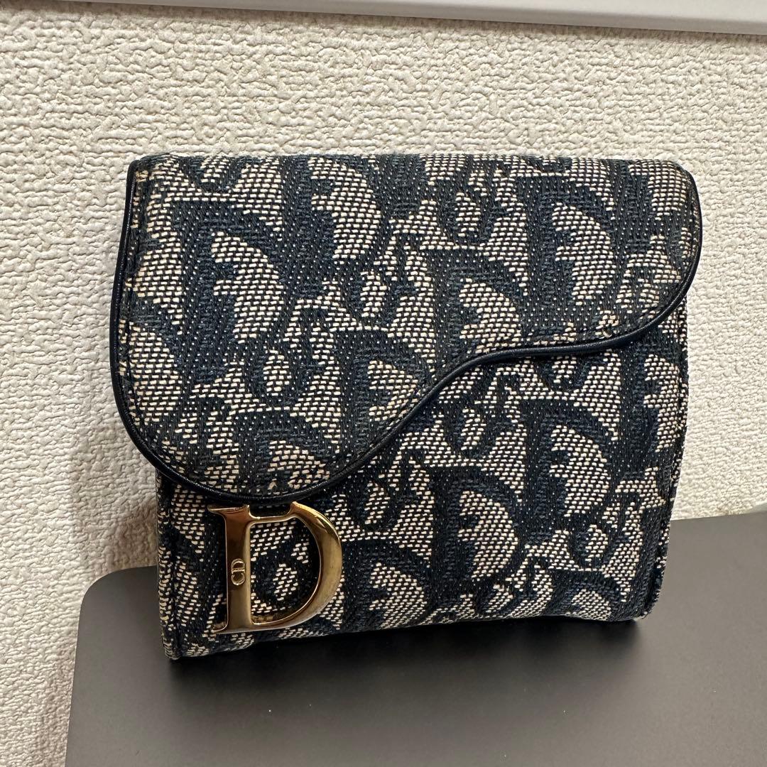 【美品】クリスチャンディオール、 三つ折り財布 ベージュ/ネイビー