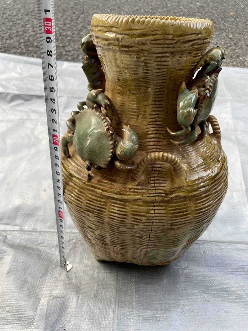 【現状品】蟹装飾 陶器花瓶 壺