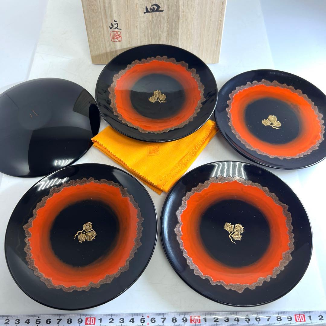 服部峻昇　蒔絵銘々皿5客　共箱　直径15.9㎝　東Y7-1002①