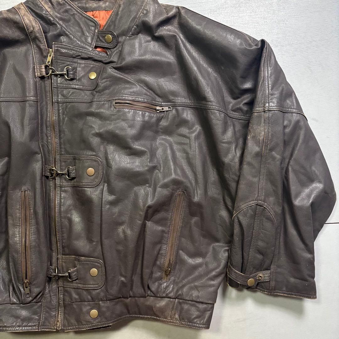 vintage レザーファイヤーマンジャケット　本革オールレザー　短丈　牛革　L