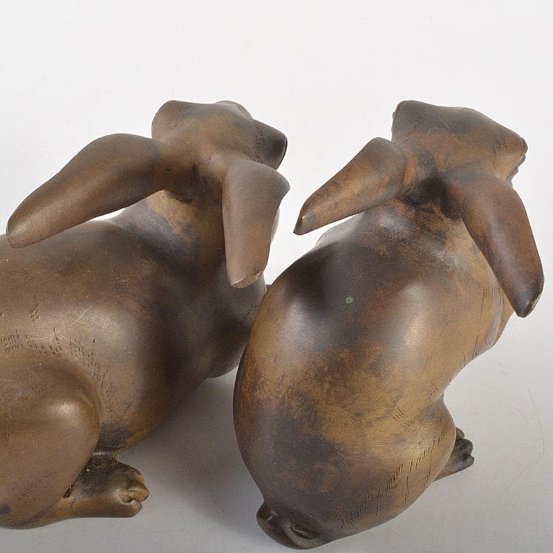 ブロンズ像　古銅　うさぎ　兎　一對　置物　重さ合計約2076g　D　R7486
