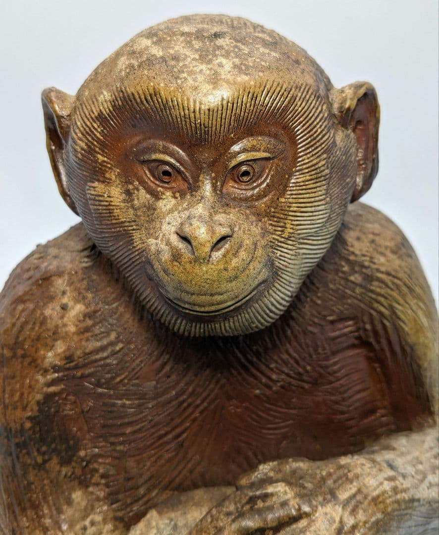 藤原陶臣 備前焼 申置物 猿 サル 縁起物 細工物 太鼓 工芸品 在銘 オブジェ