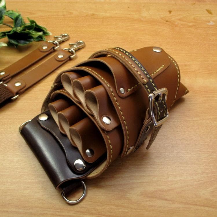 キャメル＆焦げ茶　６丁差し　本革シザーケース　SCA-150/CCA