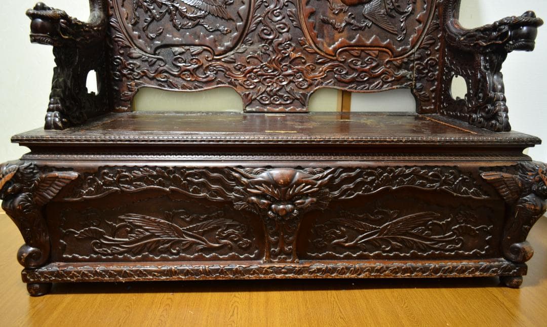 18-19世紀　希少　唐木　龍鳳凰彫刻　中国　長椅子　高級家具　アンティーク