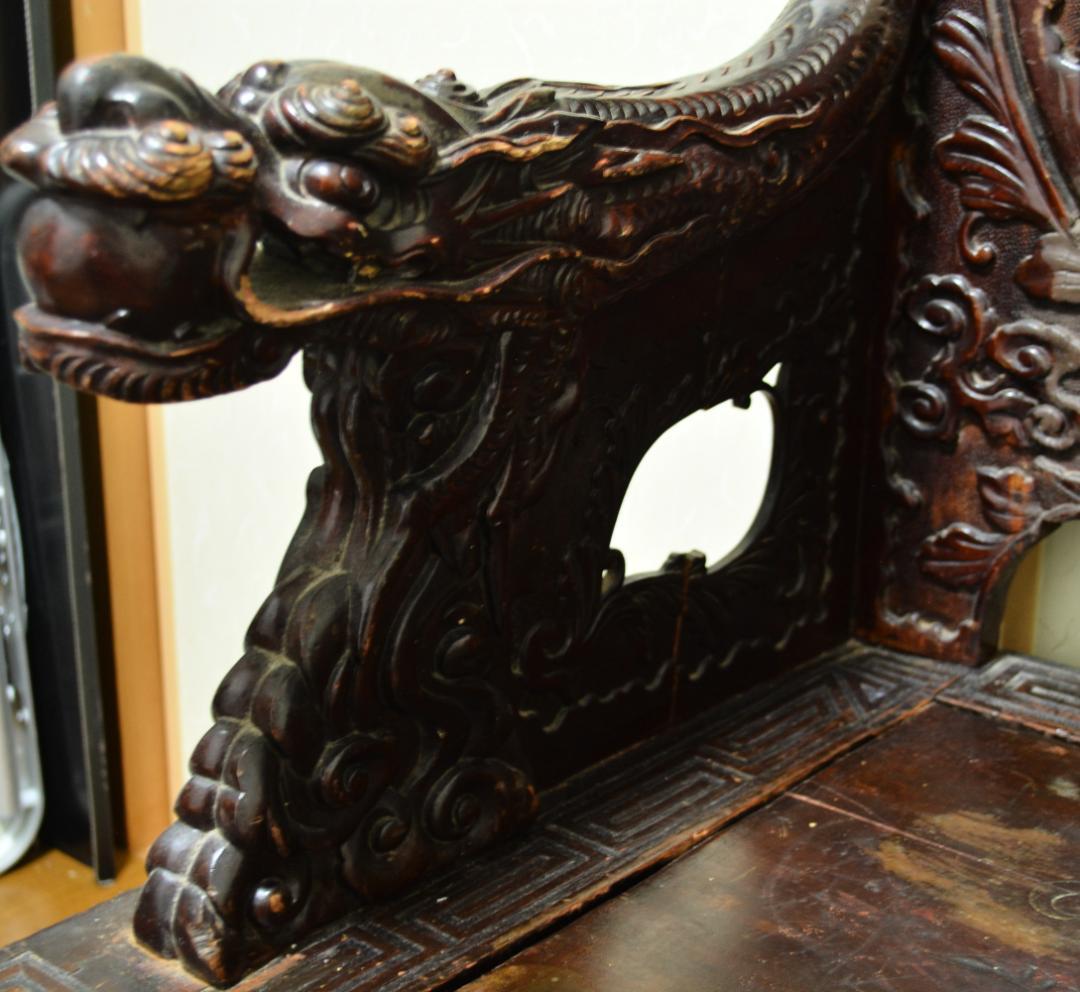 18-19世紀　希少　唐木　龍鳳凰彫刻　中国　長椅子　高級家具　アンティーク