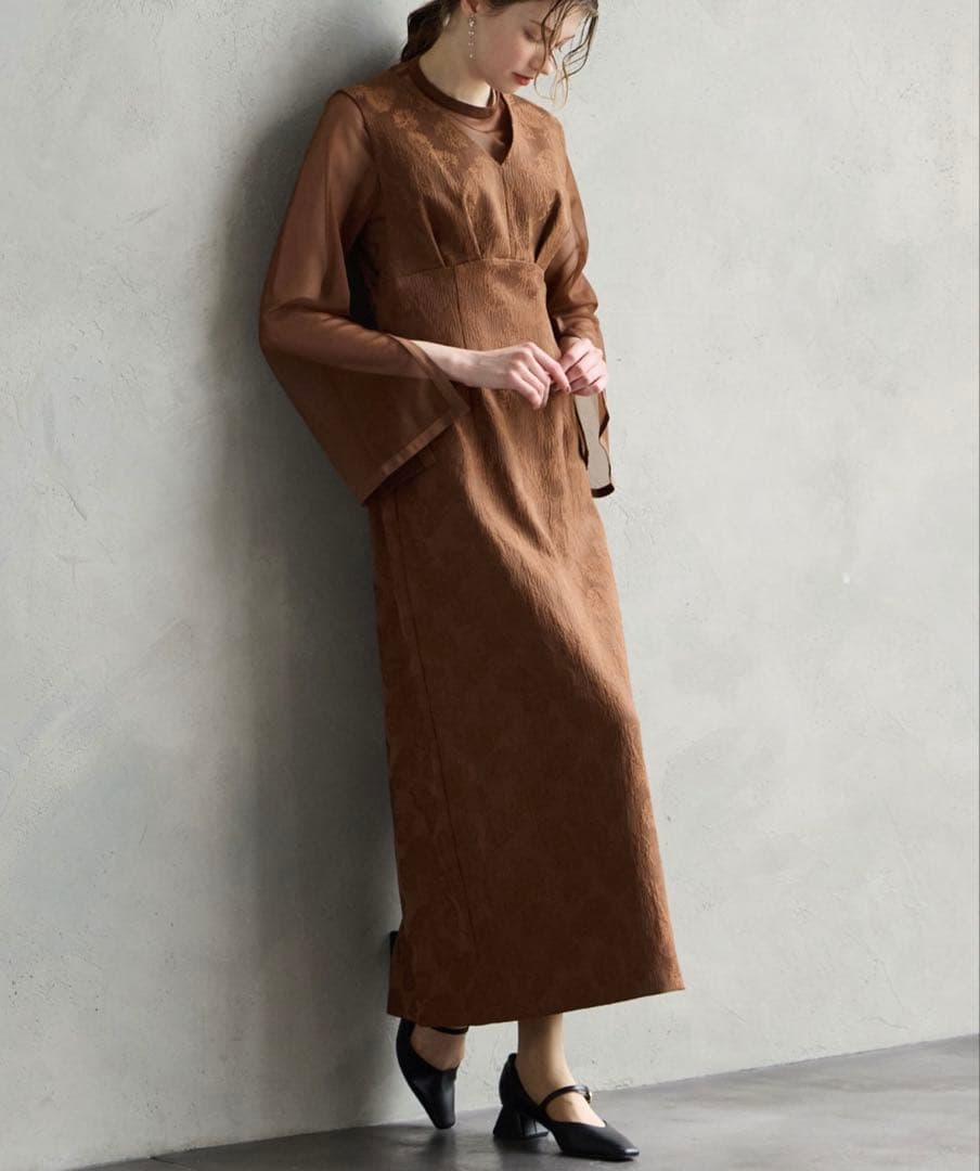 AIMER/ブラウン/S/チュールブラウス付きジャカードIラインパーティードレス