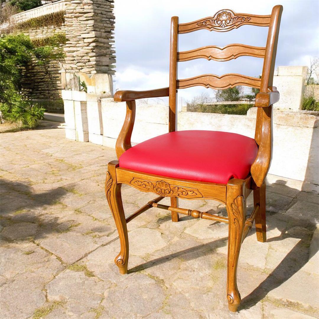 【極美品】フランスアンティーク アームチェア ダイニングチェア 猫脚 赤レザー②