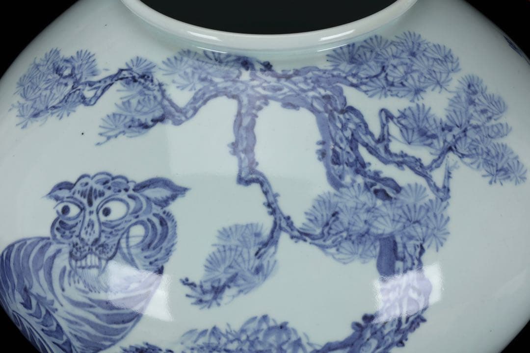 【韓国人間国宝 安東吾】染付虎図花瓶 丸壺 共箱 李朝白磁 大型飾壺 古美術骨董