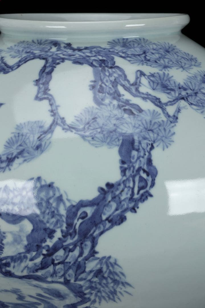 【韓国人間国宝 安東吾】染付虎図花瓶 丸壺 共箱 李朝白磁 大型飾壺 古美術骨董