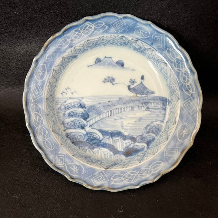 古伊万里　染付　山水文　輪花小皿　5枚