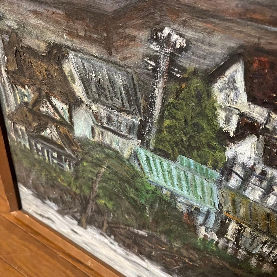 【アンティーク】額縁 額装 絵画 油絵 油彩 風景画 家 山村 田舎 川 葉っぱ