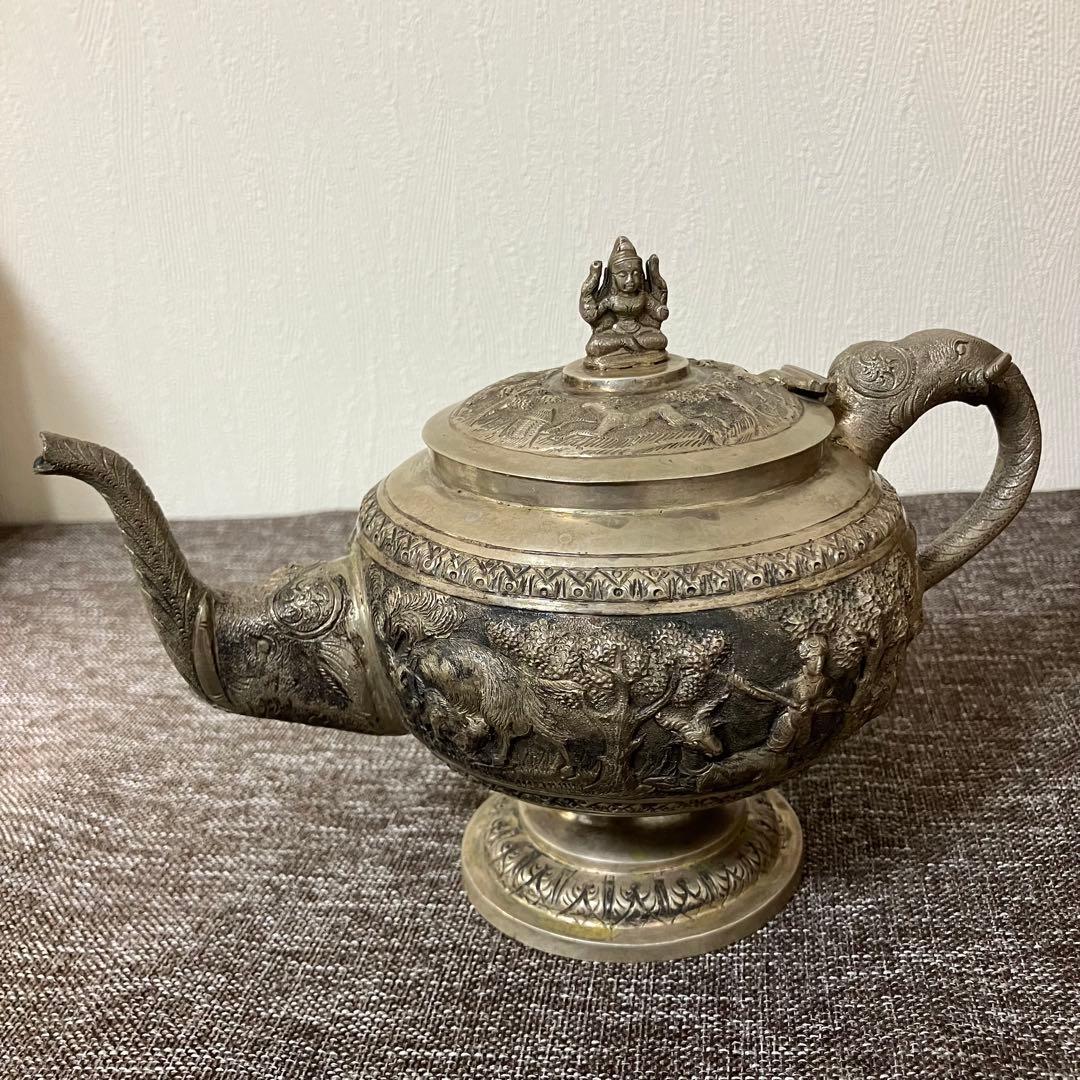 銀打出彫刻茶器　巌月庵所蔵　銀細工　骨董　奈良蔵出し　古玩　アンティーク　銀瓶