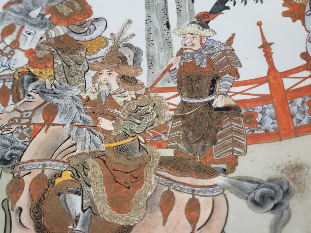 九谷 金彩赤絵 細密 武者絵 一対 幅37 cm 明治時代 DT395