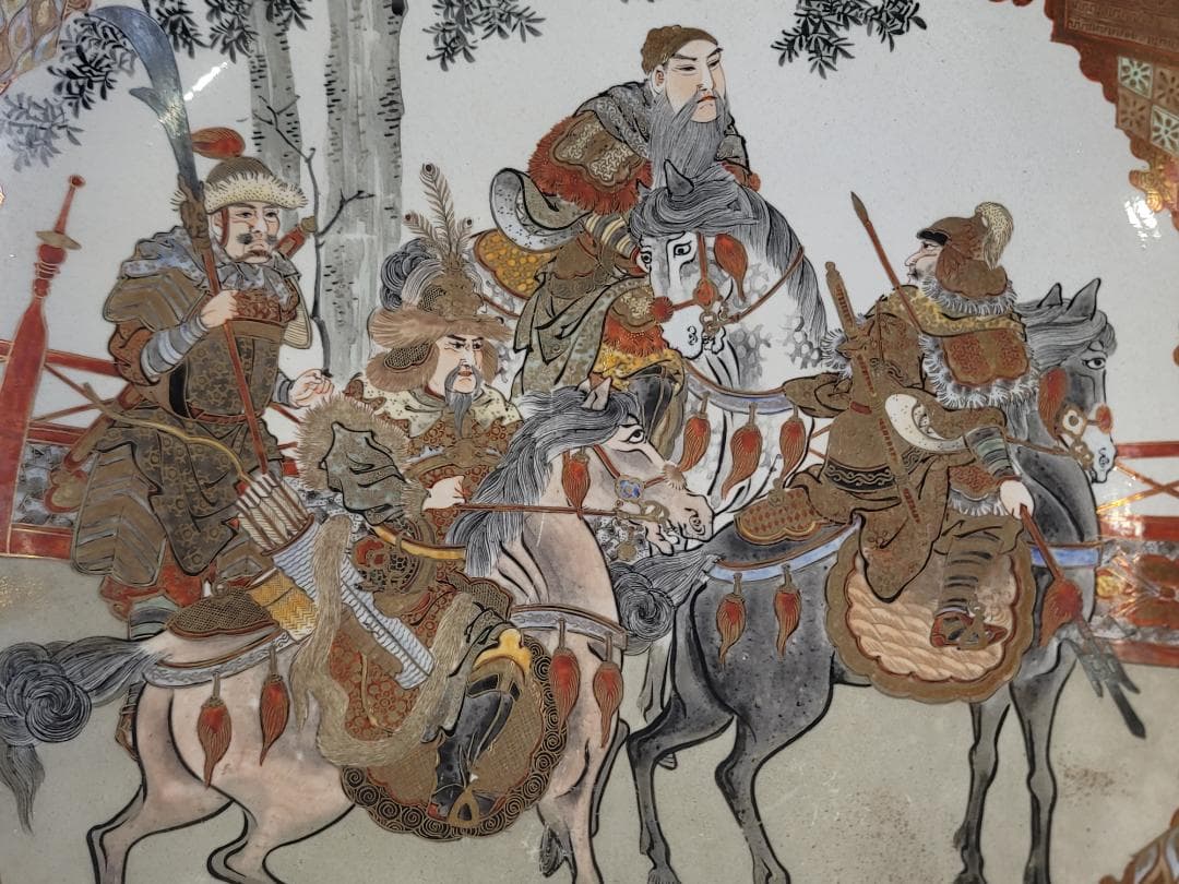 九谷 金彩赤絵 細密 武者絵 一対 幅37 cm 明治時代 DT395