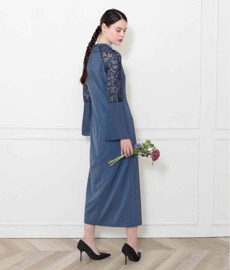 【LEJA】レース切替スリットAラインロングドレスワンピース