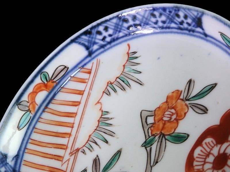 古伊万里　色絵　垣根に椿の図　4寸皿　５枚　F018AS-fbrn