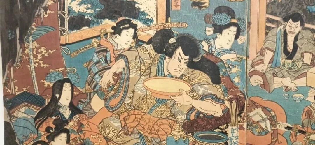 浮世絵版画、酒呑童子酒宴（盗賊)三枚綴り一壽齋国政画（二代歌川国貞)弘化4年出版