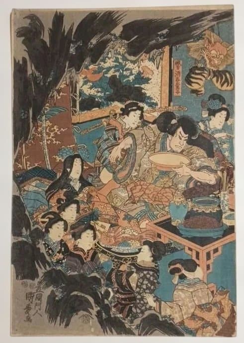 浮世絵版画、酒呑童子酒宴（盗賊)三枚綴り一壽齋国政画（二代歌川国貞)弘化4年出版