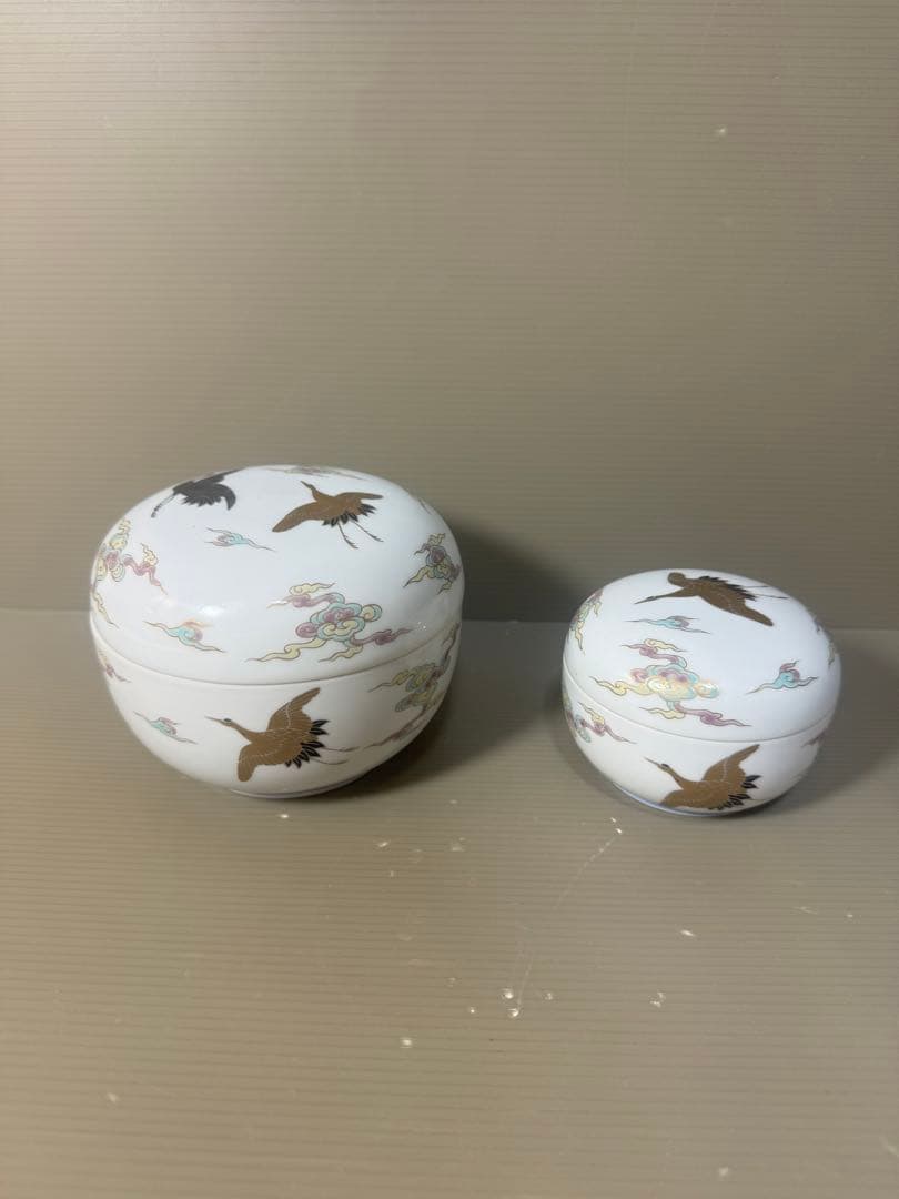 2619 深川製磁  金彩雲鶴図  蓋物  ボンボニエール 大小 菓子器　2客