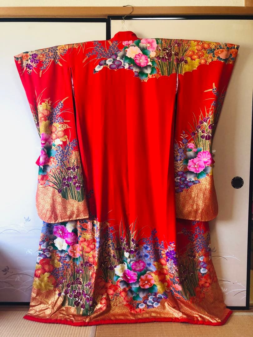 【なみ豪華美品】引き振袖　アンティーク　朱色花柄