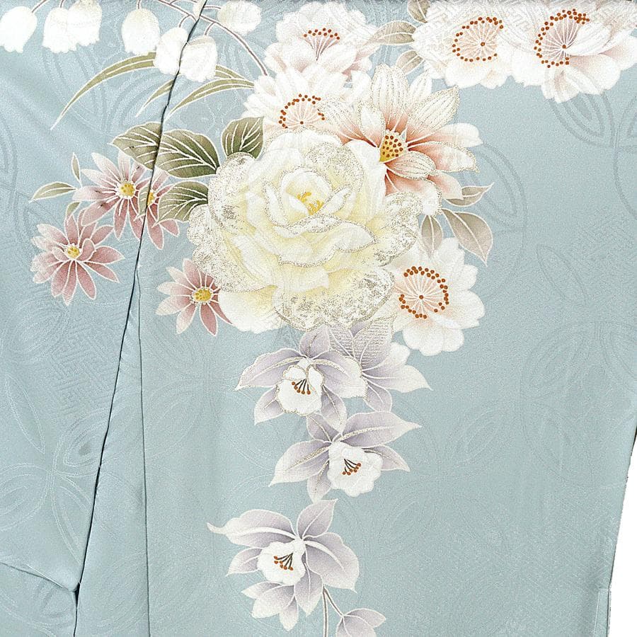 専用　ご予約　振袖　未仕立て　仮絵羽 くすみ水色　牡丹　金糸　ラメ　刺繍　成人式