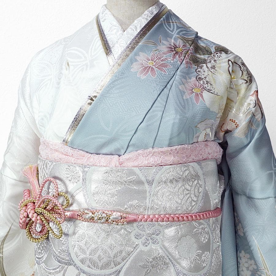 専用　ご予約　振袖　未仕立て　仮絵羽 くすみ水色　牡丹　金糸　ラメ　刺繍　成人式