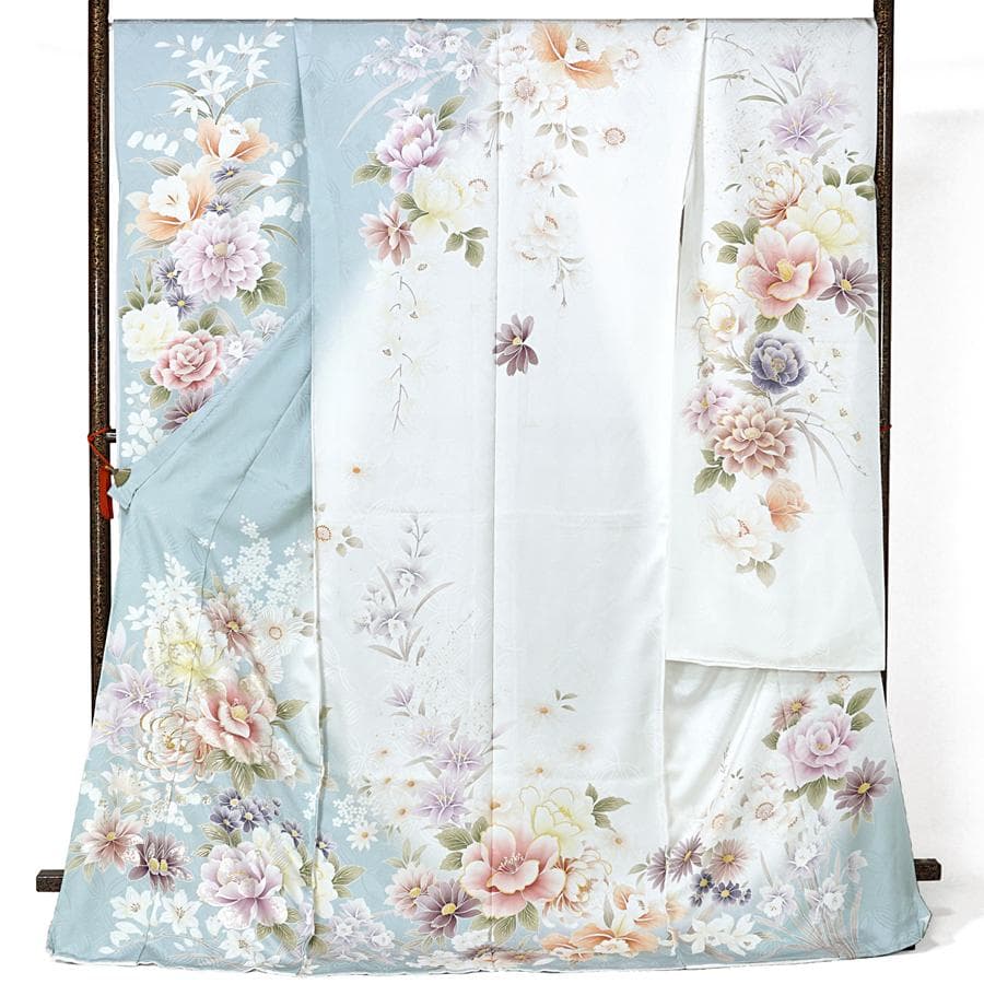 専用　ご予約　振袖　未仕立て　仮絵羽 くすみ水色　牡丹　金糸　ラメ　刺繍　成人式