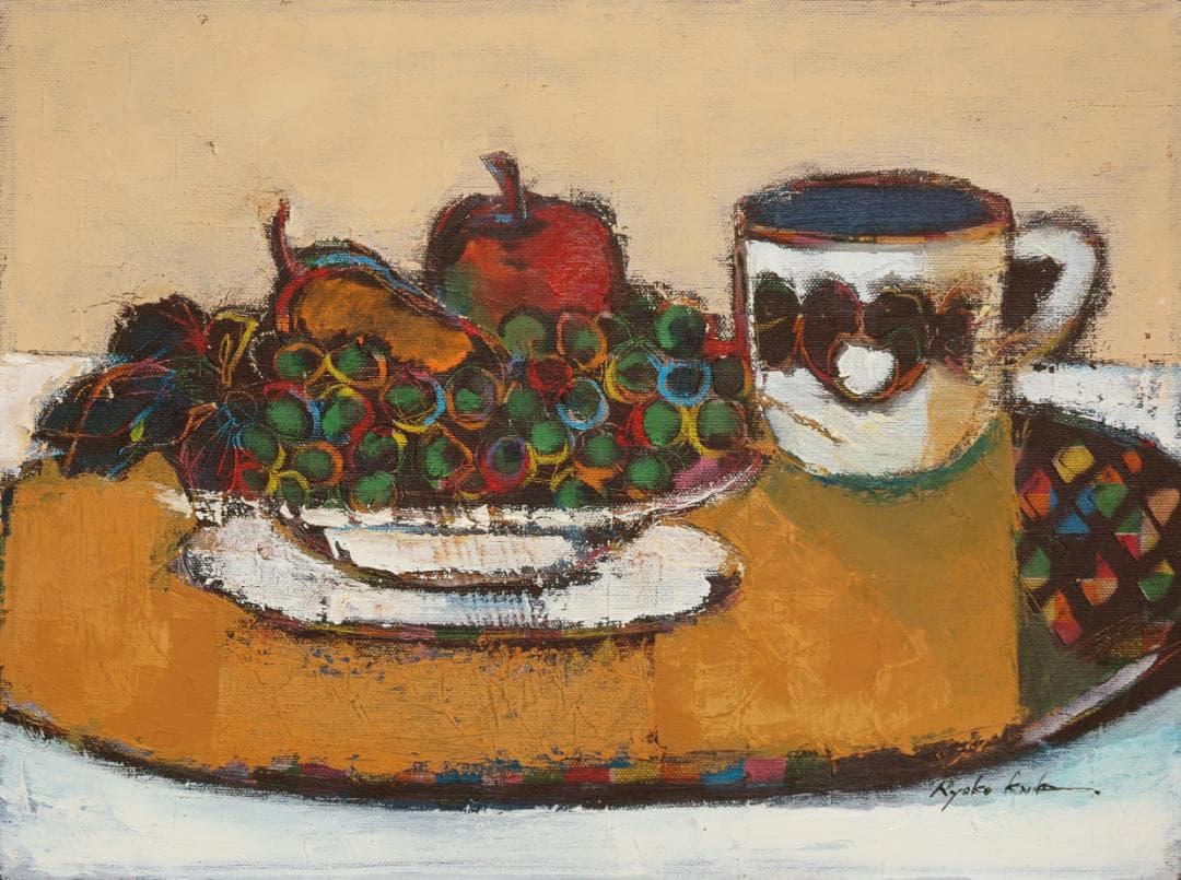 油絵 絵 絵画インテリア 額付(青緑＋金色の枠) uF6-061204 フルーツ