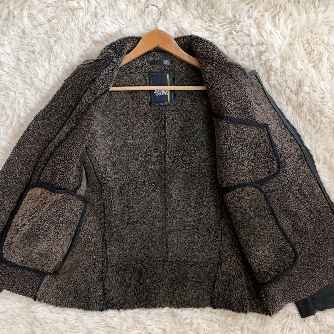 XL AVIREX ムートンレザー ジャケット ライダース 黒 ボア メンズ 革