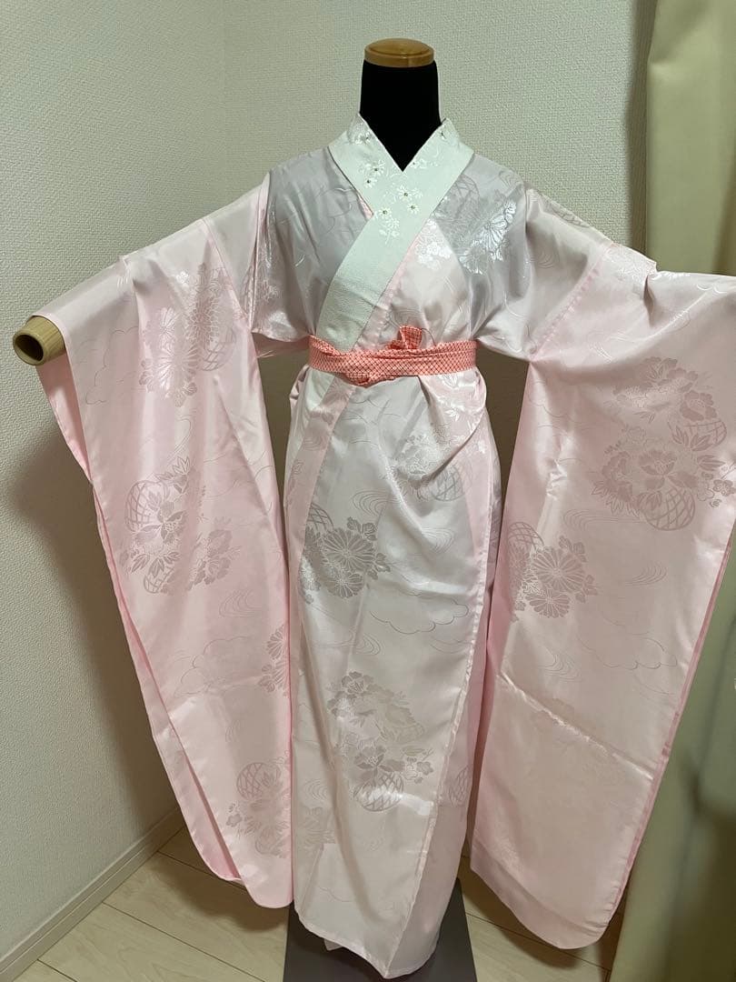 サービスセット しつけ糸つき紺の古典柄正絹振袖 全て揃ったフルセット M～トール