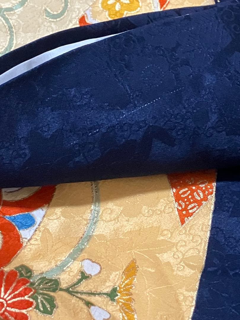 サービスセット しつけ糸つき紺の古典柄正絹振袖 全て揃ったフルセット M～トール