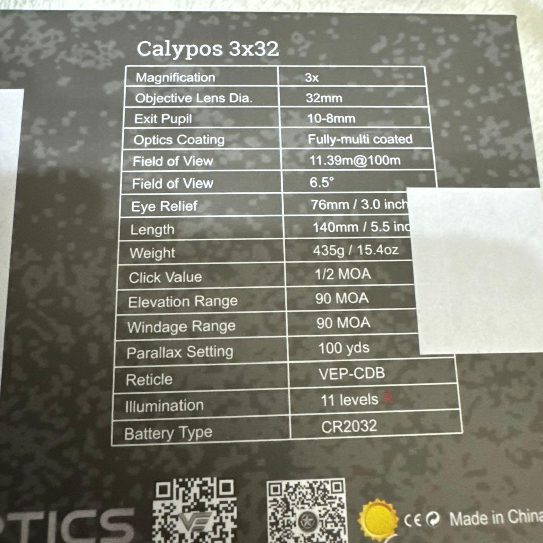 VECTOR OPTICS Calypso 3x32 レンズカバー 電池付き