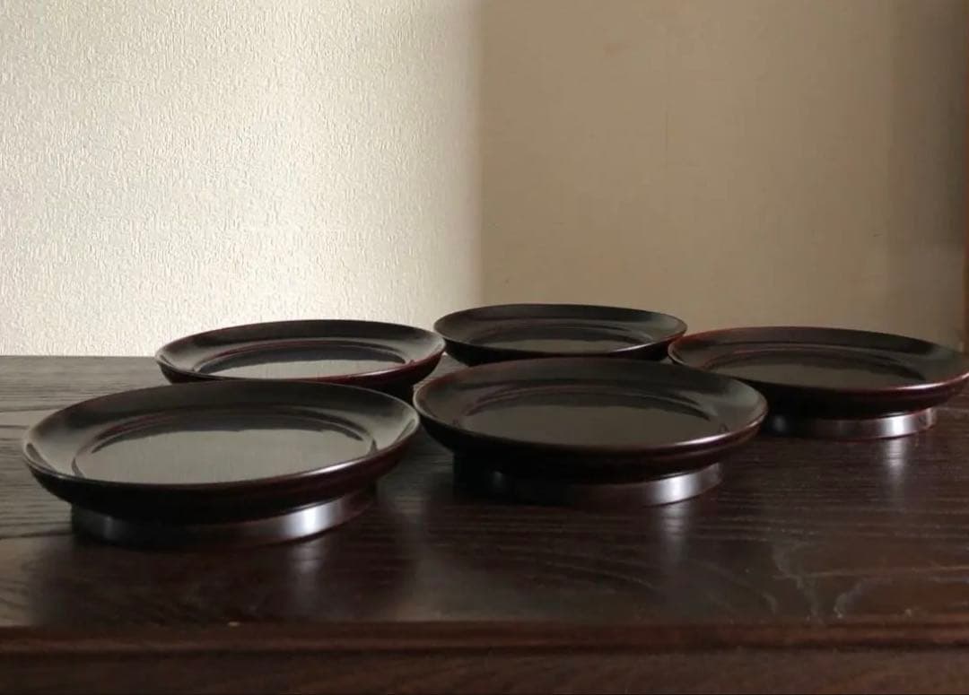 国産 浄法寺塗 木製 漆器 椿皿 楪子 銘々皿 溜塗 懐石 茶道具 5枚揃