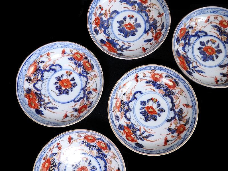 古伊万里　色絵　元禄写　菊に牡丹の図　４寸皿　５枚　 A081AS-MMv