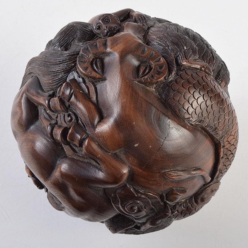 唐木彫刻　中山銘　十二支　丸玉　置物　V　R9190