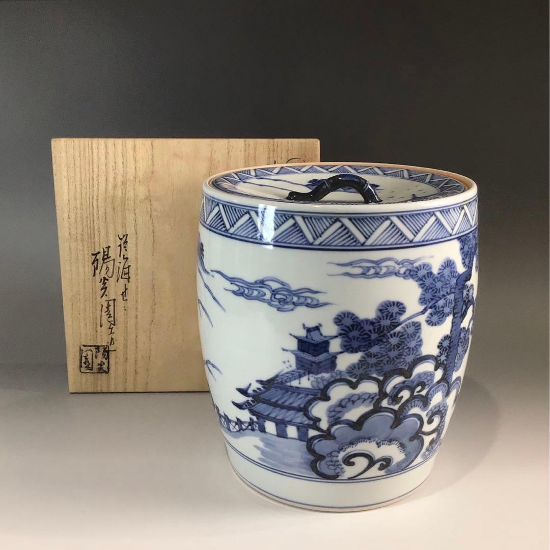 Ｐ６２５　水指　『膳所焼』『淡海ぜぜ　陽炎園造』『染付雲堂文』　共箱　茶道具