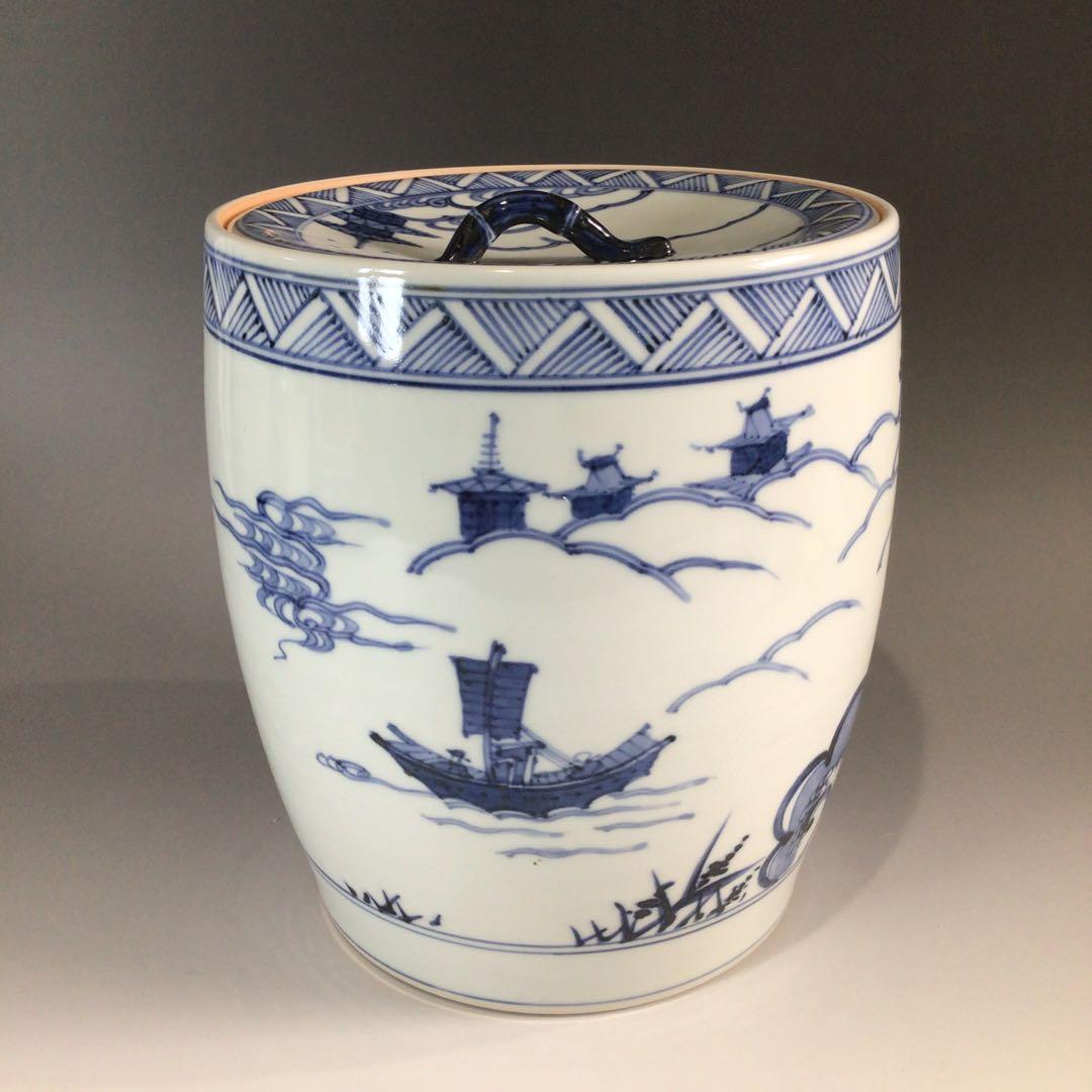 Ｐ６２５　水指　『膳所焼』『淡海ぜぜ　陽炎園造』『染付雲堂文』　共箱　茶道具