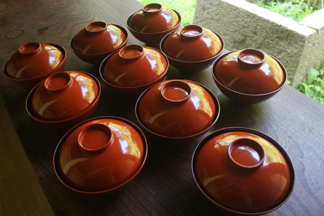 絵柄選択可！時代朱漆に優美な草花沈金のお椀10点（検輪島塗懐石椀沈金椀