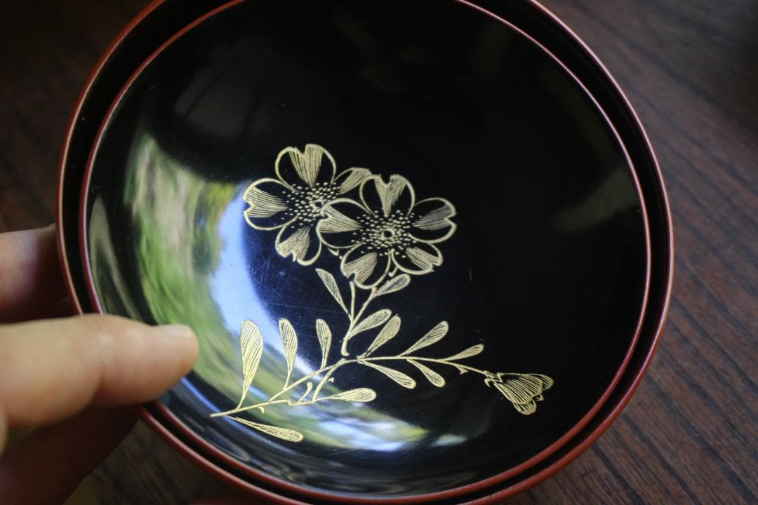 絵柄選択可！時代朱漆に優美な草花沈金のお椀10点（検輪島塗懐石椀沈金椀