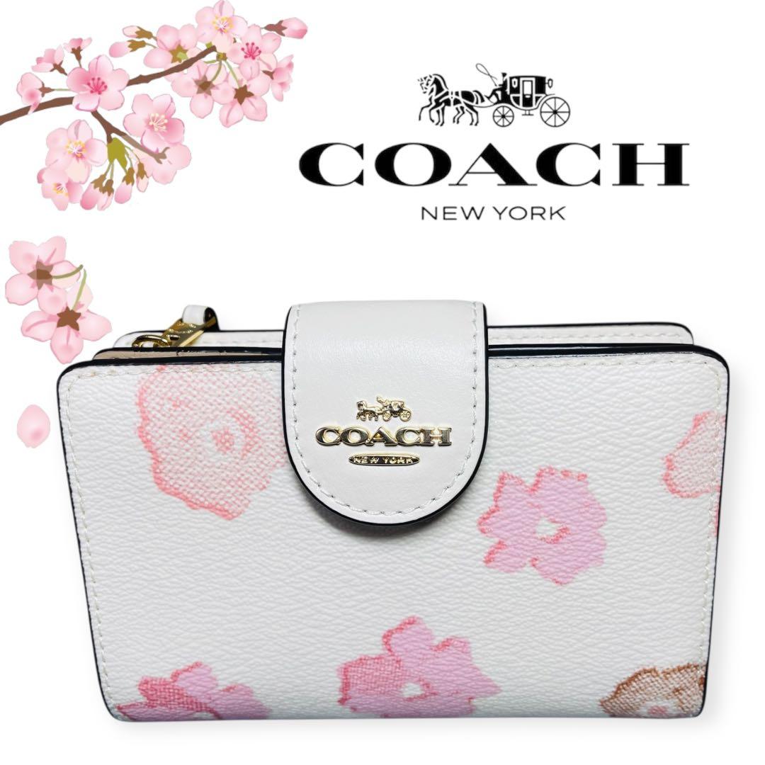 【新品】完売品 COACH コーチ 花柄 二つ折り財布 フローラル 白 ピンク