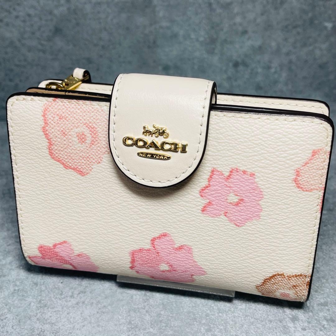 【新品】完売品 COACH コーチ 花柄 二つ折り財布 フローラル 白 ピンク