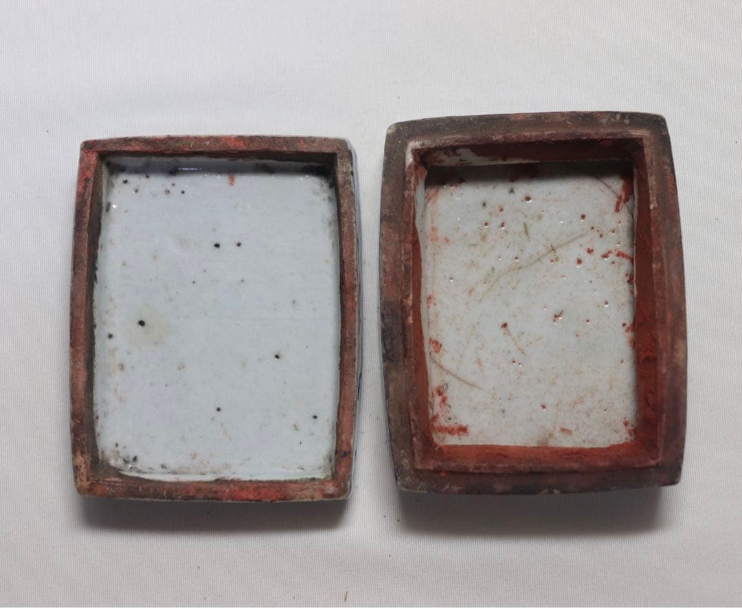 中国　清朝期　染付香合　朱肉入　アンティーク　送料込み0506