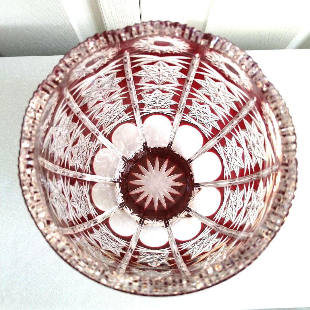 AjkaCrystal アイカクリスタル　色被せ　切子　レッド　赤　花瓶　大