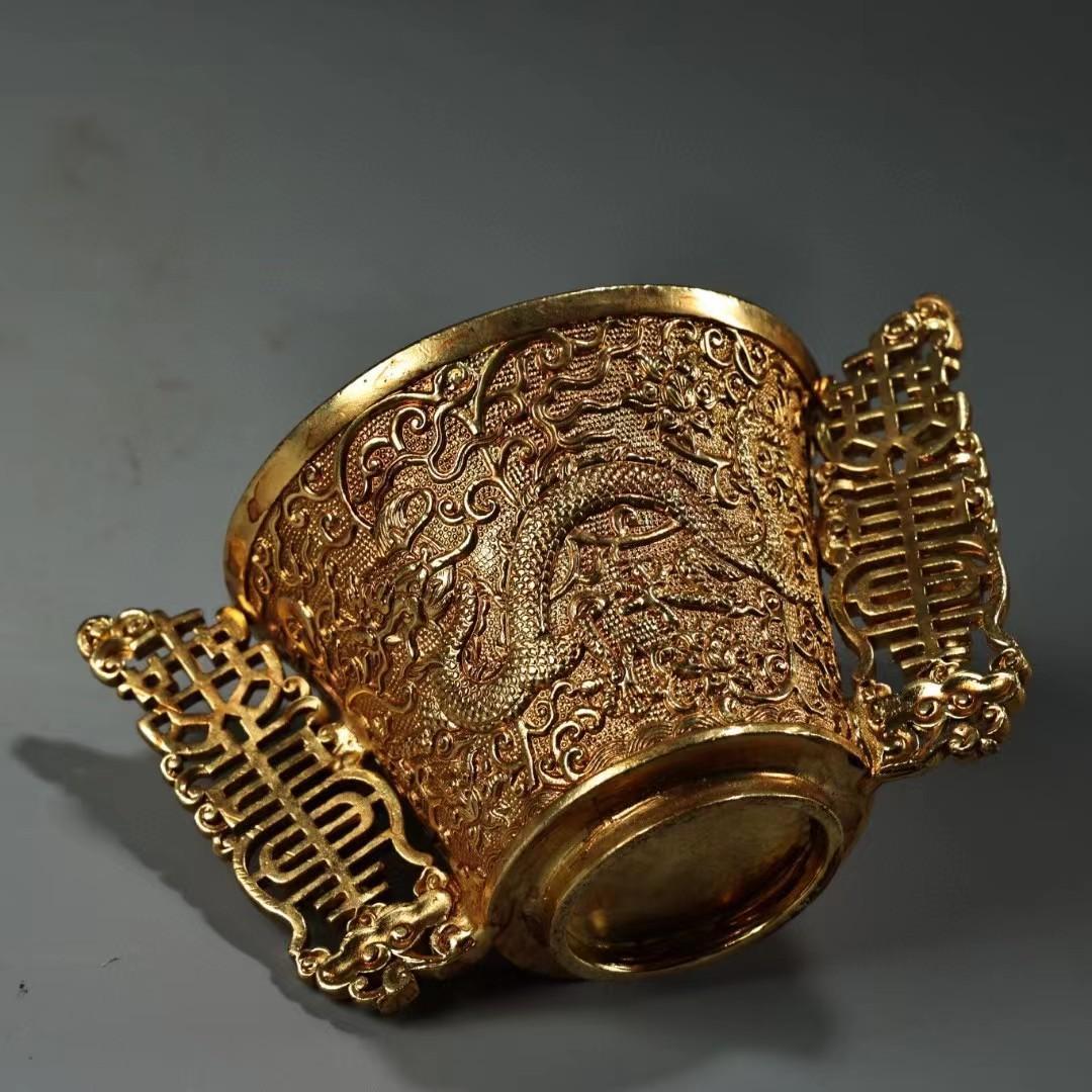 中国古美術・旧蔵収鎏金龍酒具・純銅细密彫・純手作り・高浮彫・置物・酒器・茶道具
