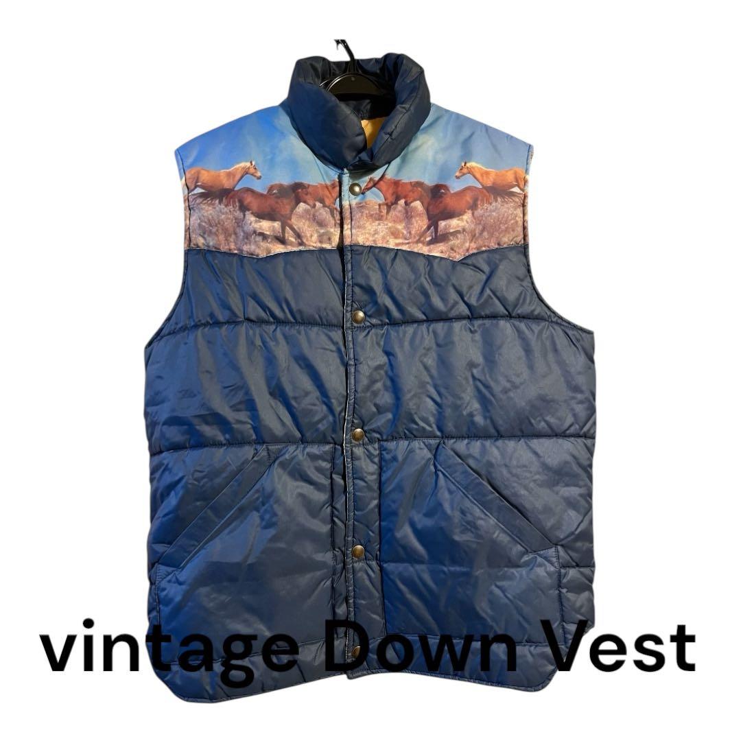 ダウンベスト　転写　フォト　ビンテージ　激レア　希少　ピクチャー　ネイビー