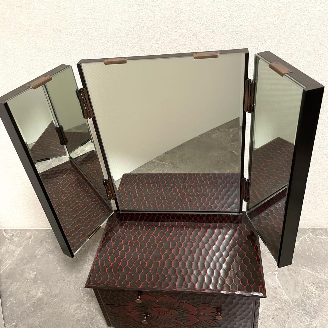 鎌倉彫 鏡台 三面鏡 木製 彫刻 牡丹花 昭和レトロ 和風 ドレッサー