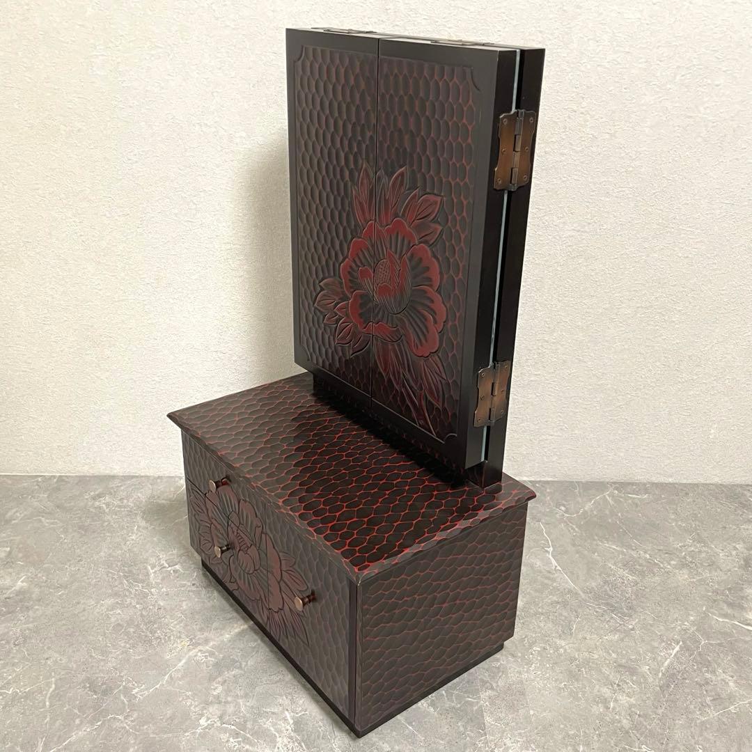 鎌倉彫 鏡台 三面鏡 木製 彫刻 牡丹花 昭和レトロ 和風 ドレッサー